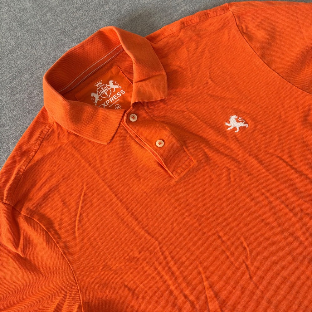 Express Mens Orange Cotton Pique Short Sleeve Lion Logo Polo Shirt Size Medium